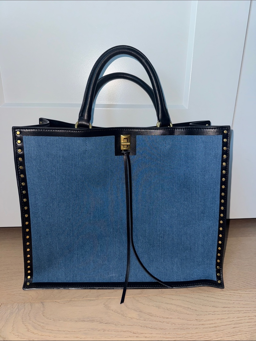 Rebecca Minkoff Blue Denim Tote with Black Trim and Gold Studs